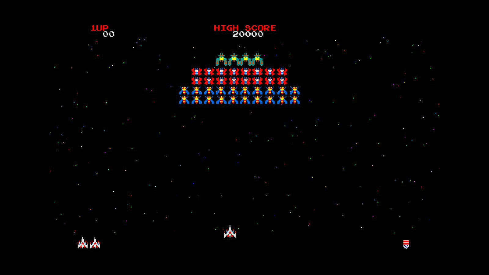 Galaga fue uno de los primeros videojuegos matamarcianos de la historia, creado en 1981 por la empresa Namco. El intrépido jugador controla una nave que se enfrenta a un enjambre de marcianos que le atacan con bombas y actuando como kamikazes.